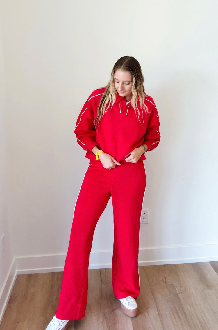 Luxe Red + Cream Piping Modal Polo Top