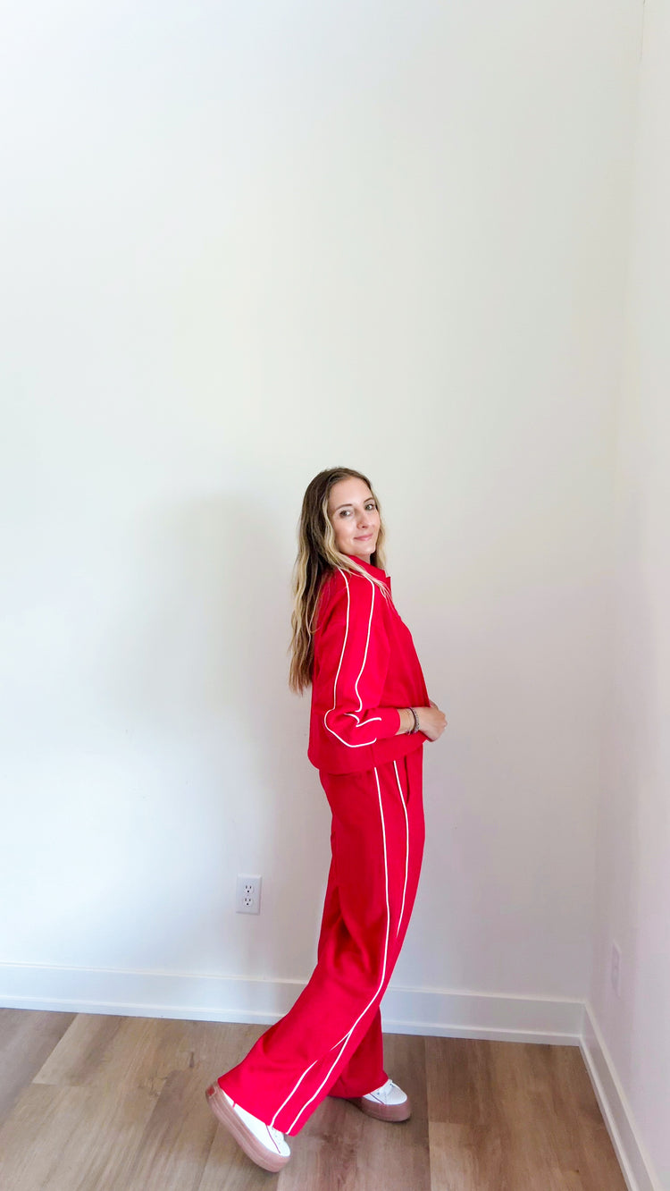 Luxe Red + Cream Piping Modal Polo Top