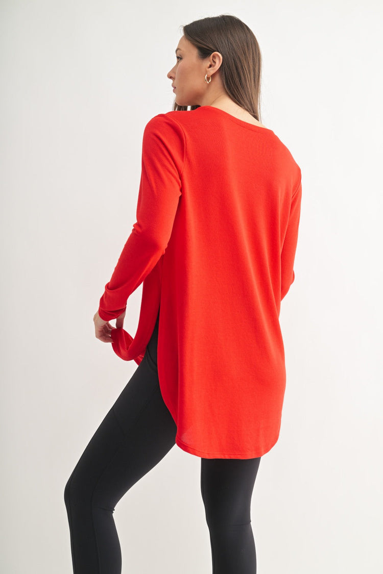 Side-Slit Long-Sleeve Top: Cherry Red