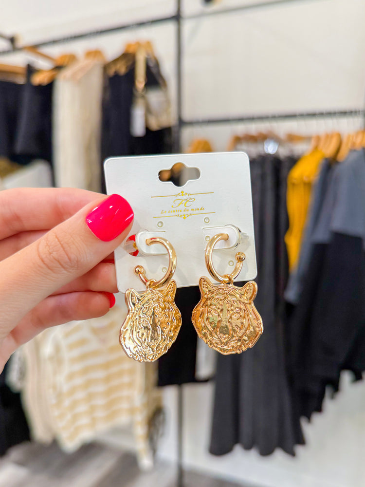 Gold Tiger Head Dangle Hoop Earrings