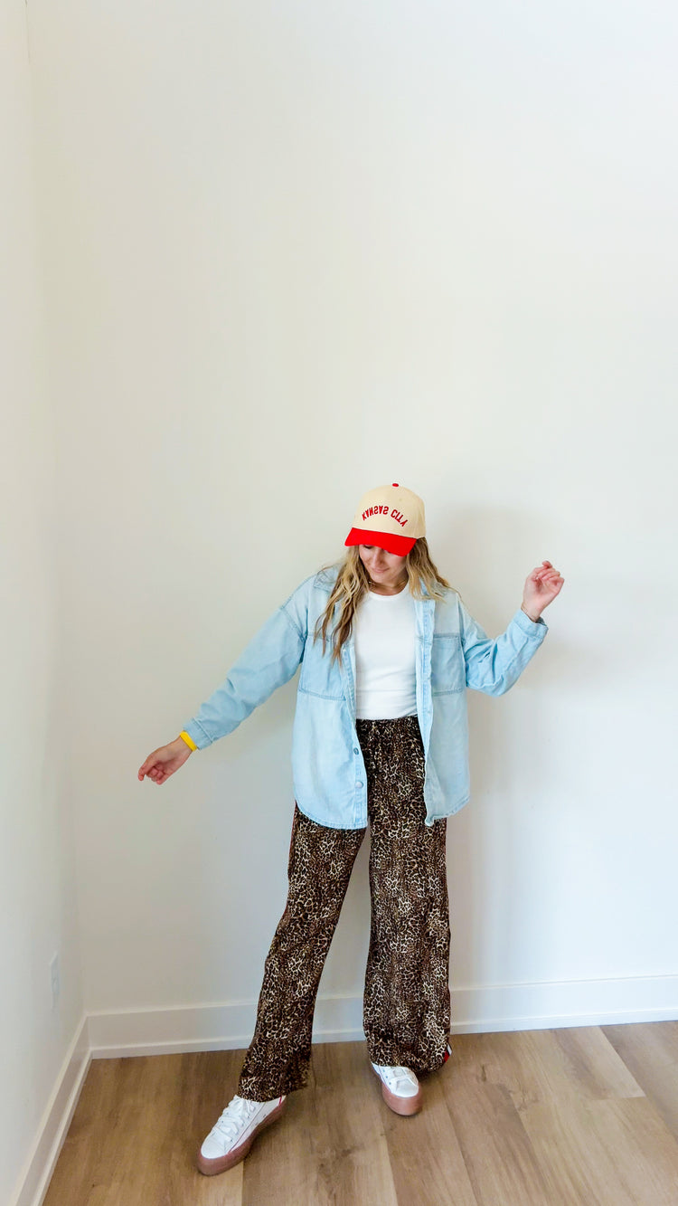 Leopard + Red Contrast Elastic Waist Pants