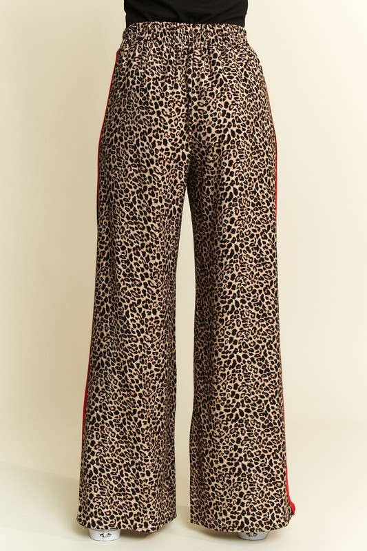 Leopard + Red Contrast Elastic Waist Pants