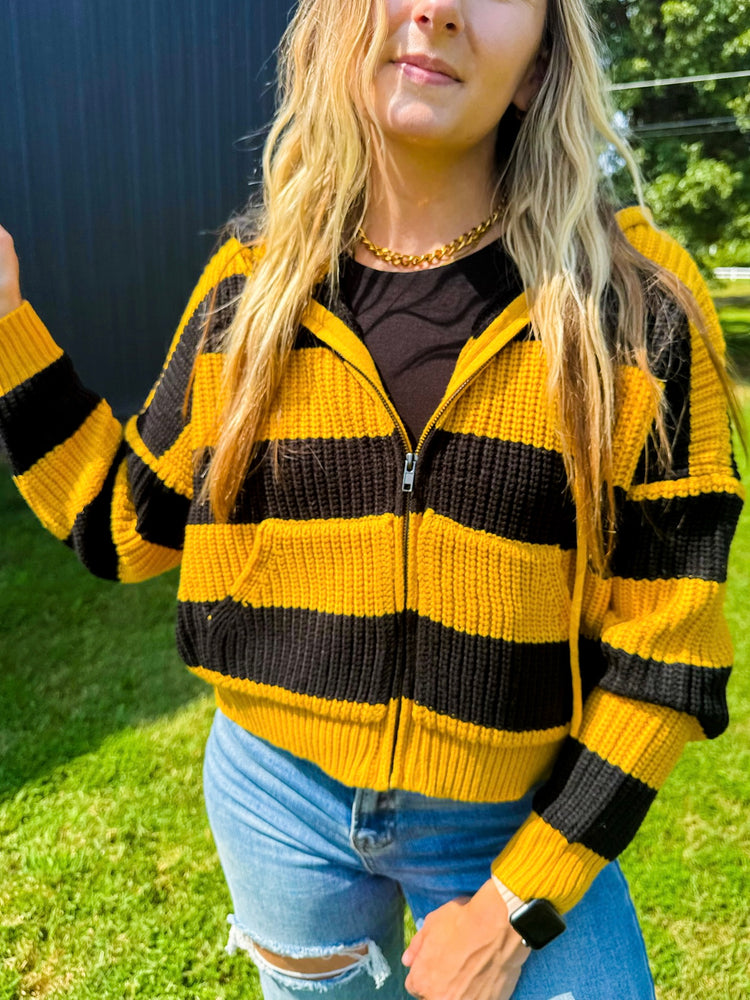 Gameday Girl Black & Gold Stripe Knit Zip-Up Jacket