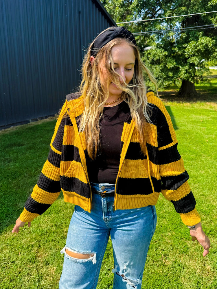 Gameday Girl Black & Gold Stripe Knit Zip-Up Jacket