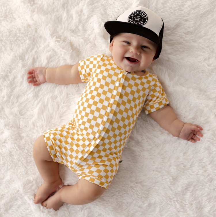 Gold Checker Two-Way Zipper Romper