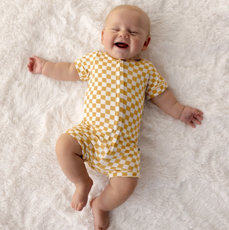 Gold Checker Two-Way Zipper Romper