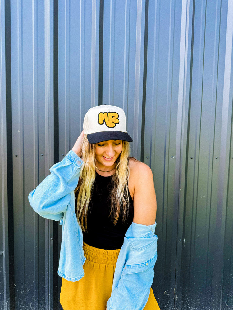 MIZ Chenille Patch Natural + Black Trucker Hat | Missouri Tigers Trucker Hat