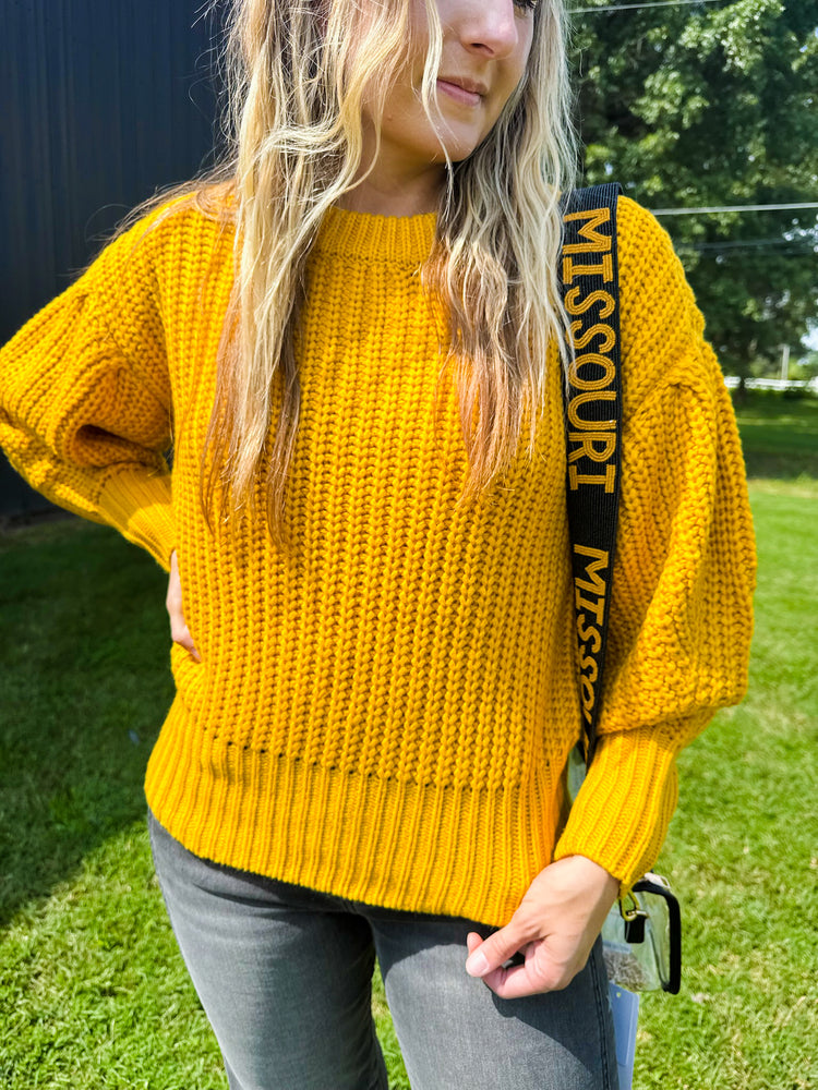 Mustard Gameday Cable Knit Sweater
