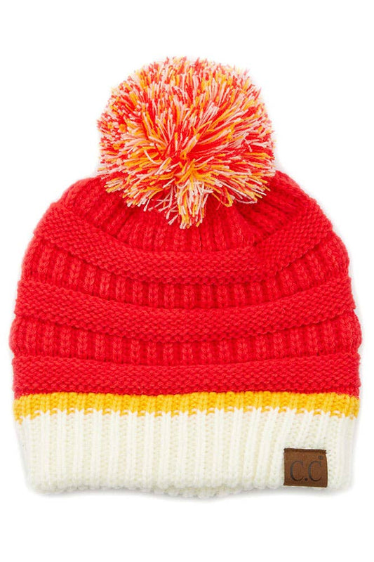 Red and Yellow Ribbed Pom Beanie