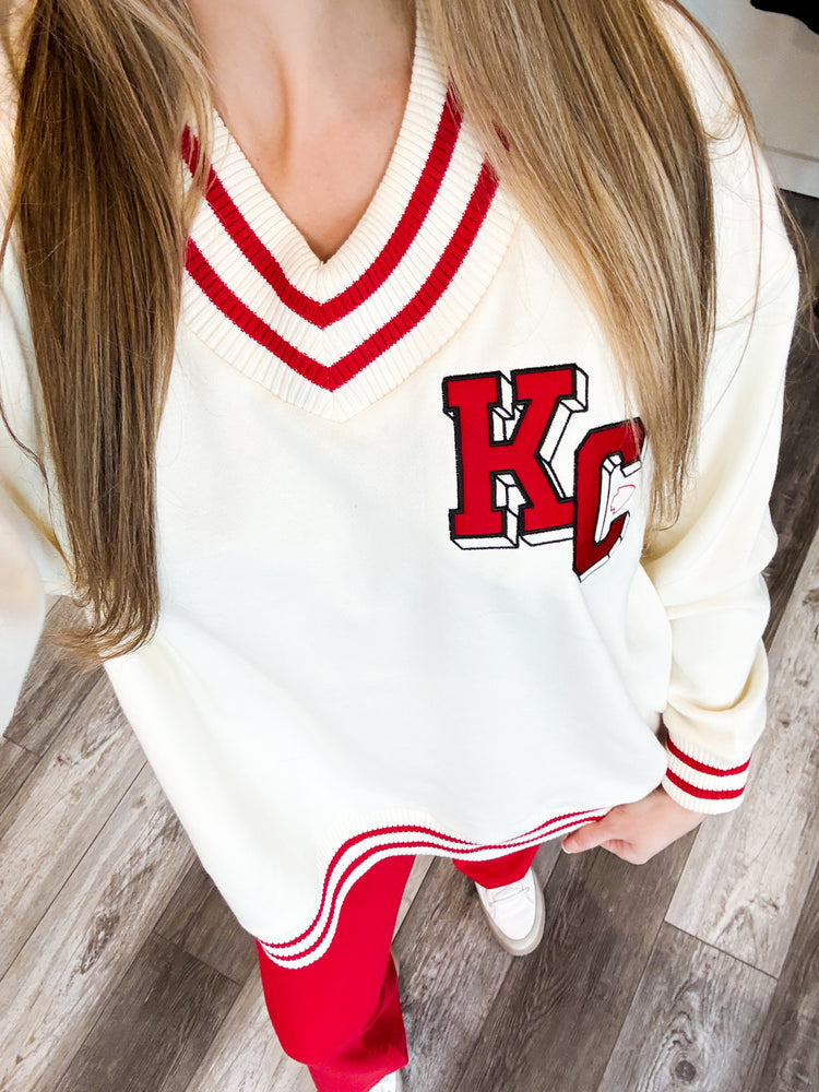 KC Applique Embroidered Letterman V-Neck Pullover