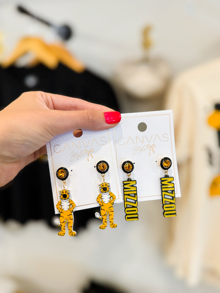 Mizzou Block Letter Dangle Earrings