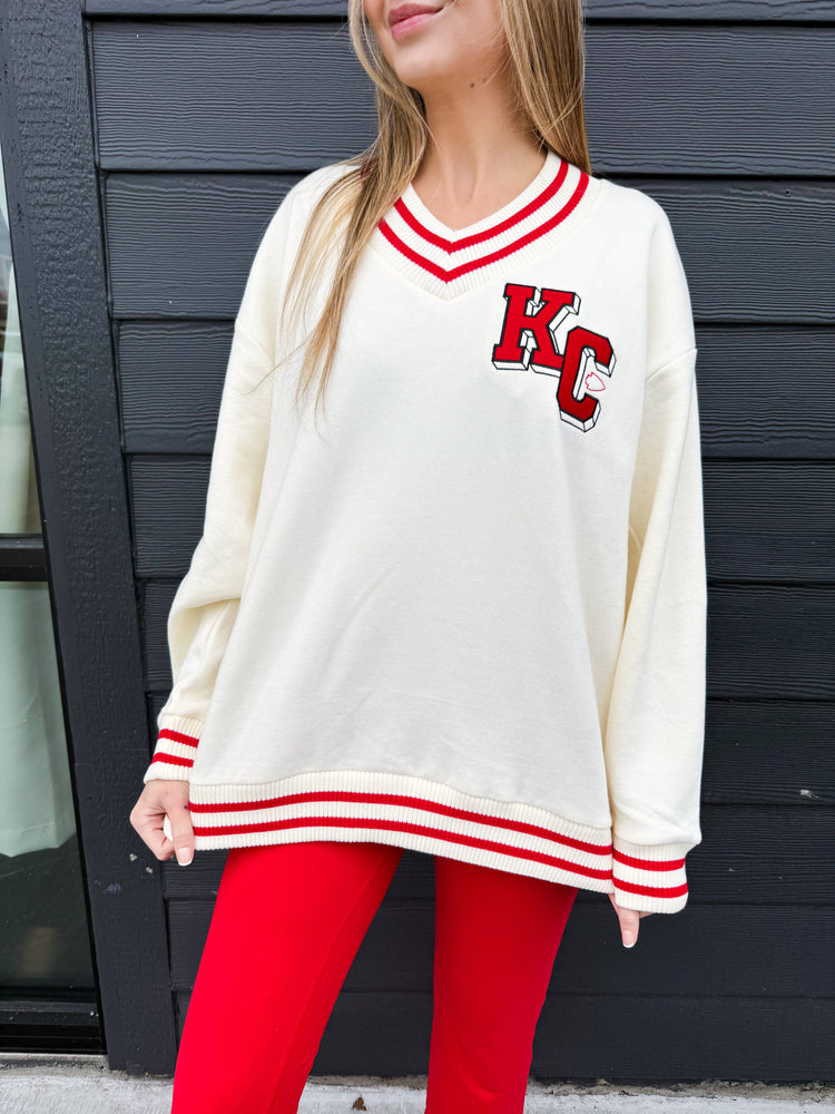 KC Applique Embroidered Letterman V-Neck Pullover