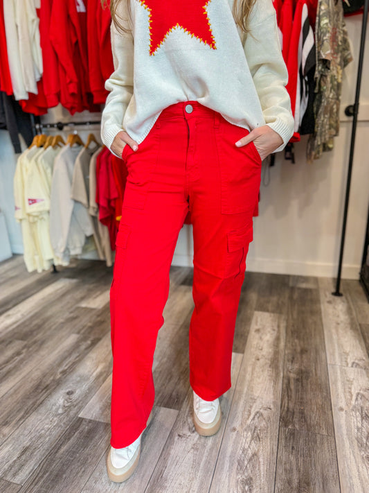 Red Super-Stretch Cargo Jeans