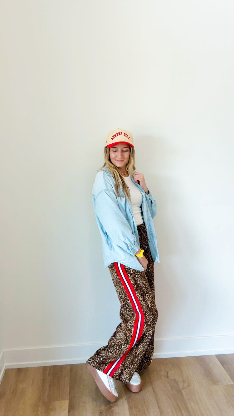 Leopard + Red Contrast Elastic Waist Pants